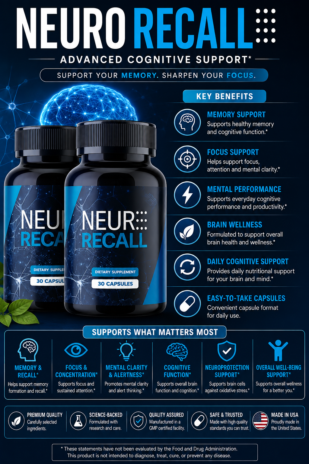 NeuroRecall benefits — memory support, focus support, mental performance, brain wellness, daily cognitive support